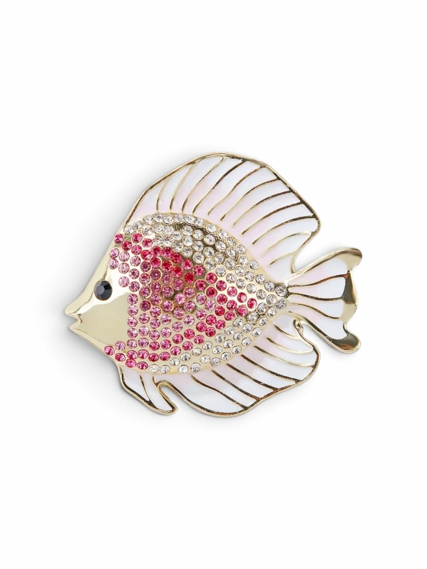 Luna Cotton tropical fish brooch featuring pink and clear crystals with gold-tone metal and white enamel detailing.