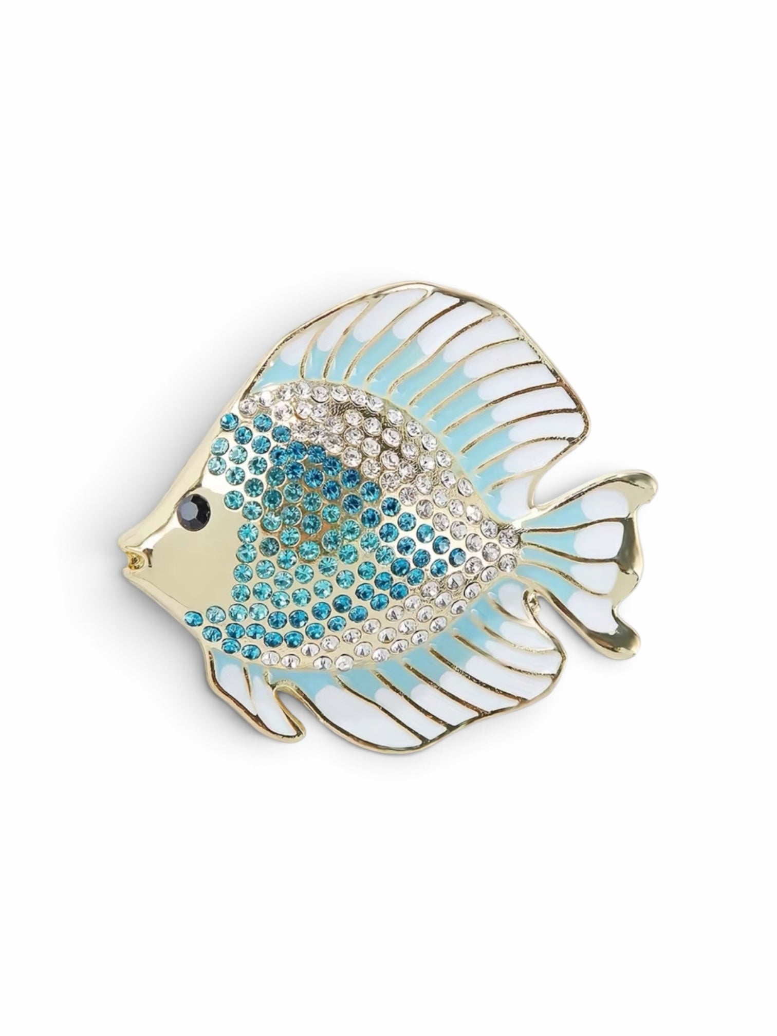 Luna Cotton tropical fish statement brooch with gold-tone setting, blue and clear crystals, and white enamel fins.